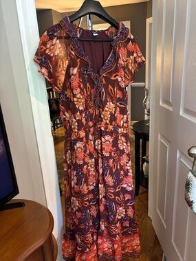 Old Navy Burgundy Floral Maxi Dress with Ruffle Trim
